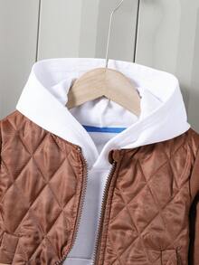 SHEIN Young Boy Leisure Sports Two-Piece Set, Consists Of A Brown Diamond-Patterned Sweatshirt With Brown Fabric Stitching, And Letter Printed Pants. Suitable For Autumn And Winter, Outdoor Activities, And Any Occasion, Providing Warmth And Comfort. - Brown - View 6