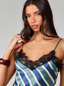 MISSGUIDED Diagonal Striped Asymmetric Hem Lace Trim Cami Tank Top With Black Fringe Detail Spaghetti Strap Summer Festival Fashion - Multicolor - View 5