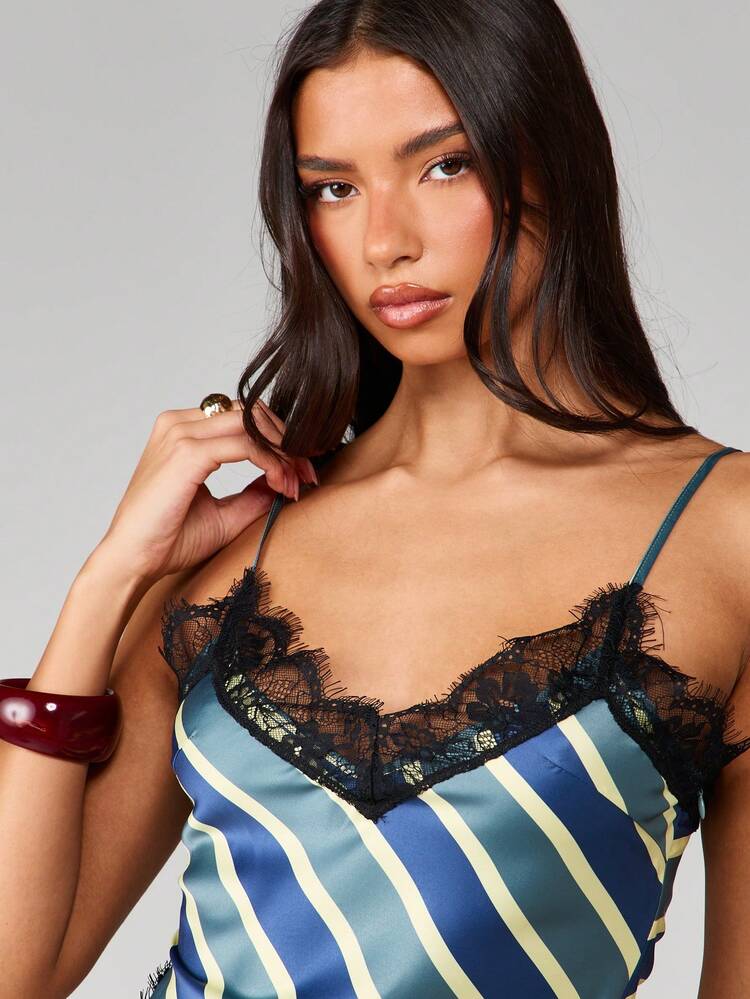 MISSGUIDED Diagonal Striped Asymmetric Hem Lace Trim Cami Tank Top With Black Fringe Detail Spaghetti Strap Summer Festival Fashion