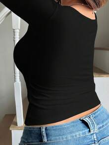 Vionelle Áo thun nữ cỡ lớn phong cách Y2K tối giản, giản dị và dễ thương kiểu Mỹ cổ vuông, tay dài, màu trơn, thích hợp cho mùa xuân/hè, phù hợp cho các cô gái sành điệu đi học hàng ngày và mặc ở nhà. - màu đen - Xem 2