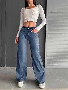 100%Cotton Low Waist Wide Leg Medium Wash - Dusty Blue - View 4
