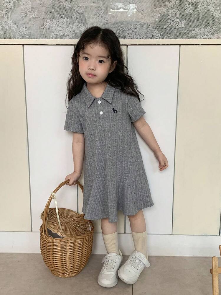 Toddler Girls' Turndown Collar Cartoon Embroidery Casual Solid Color Short Sleeve Dress, Spring/Summer