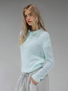 COUREZ 长袖开襟针织Polo衫/Y2K长袖上衣 外出上衣 女式上衣 冬季女装 - 薄荷綠 - 查看 4