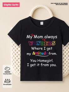 GraphicGems Baby Girl Fashionable Cartoon Cute Colorful Letter Slogan Print Short Sleeve T-Shirt - Black - View 1