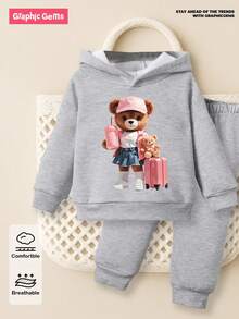 2 件套女婴可爱粉色手提箱和熊印花连帽衫和裤子套装，秋冬休闲风格 - 灰色 - 查看 9