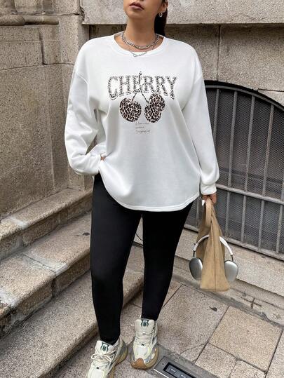 Muchica Conjunto de 2 piezas de blusa de manga larga con cuello redondo y estampado de cerezas, talla grande talla, y pantalón de unicolor