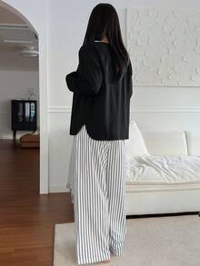 DAZY 3件套极简开衫、背心和条纹裤女士睡衣套装 - 黑色 - 查看 2