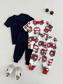 Cozy Pixies 男婴四件套贴身睡衣套装，卡通汽车印花柔软针织圆领短袖上衣和松紧腰长裤 - 彩色 - 查看 3