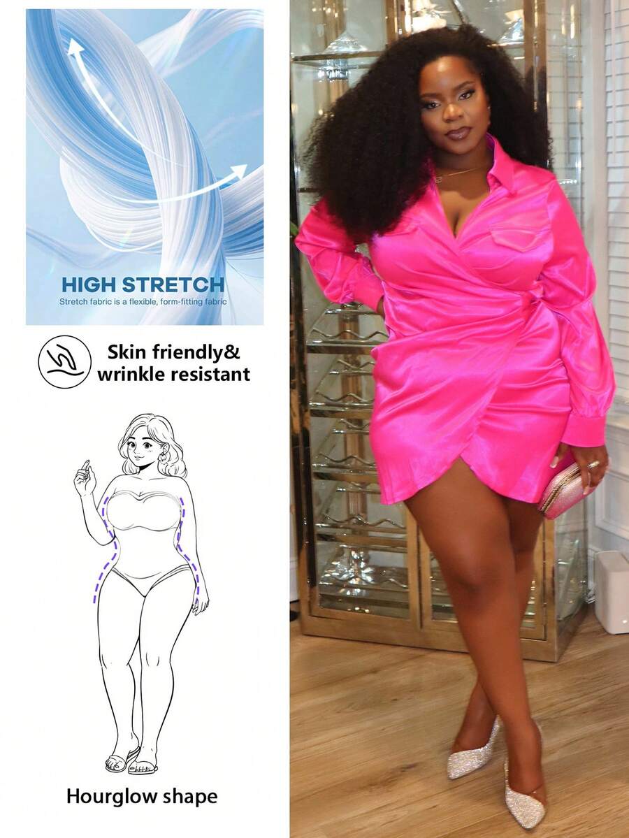 Hourglow Ceceforeign_ Women's Plus Size Wrapped Knot Design Dress, For Hourglass Body Shape - Hot Pink - View 1