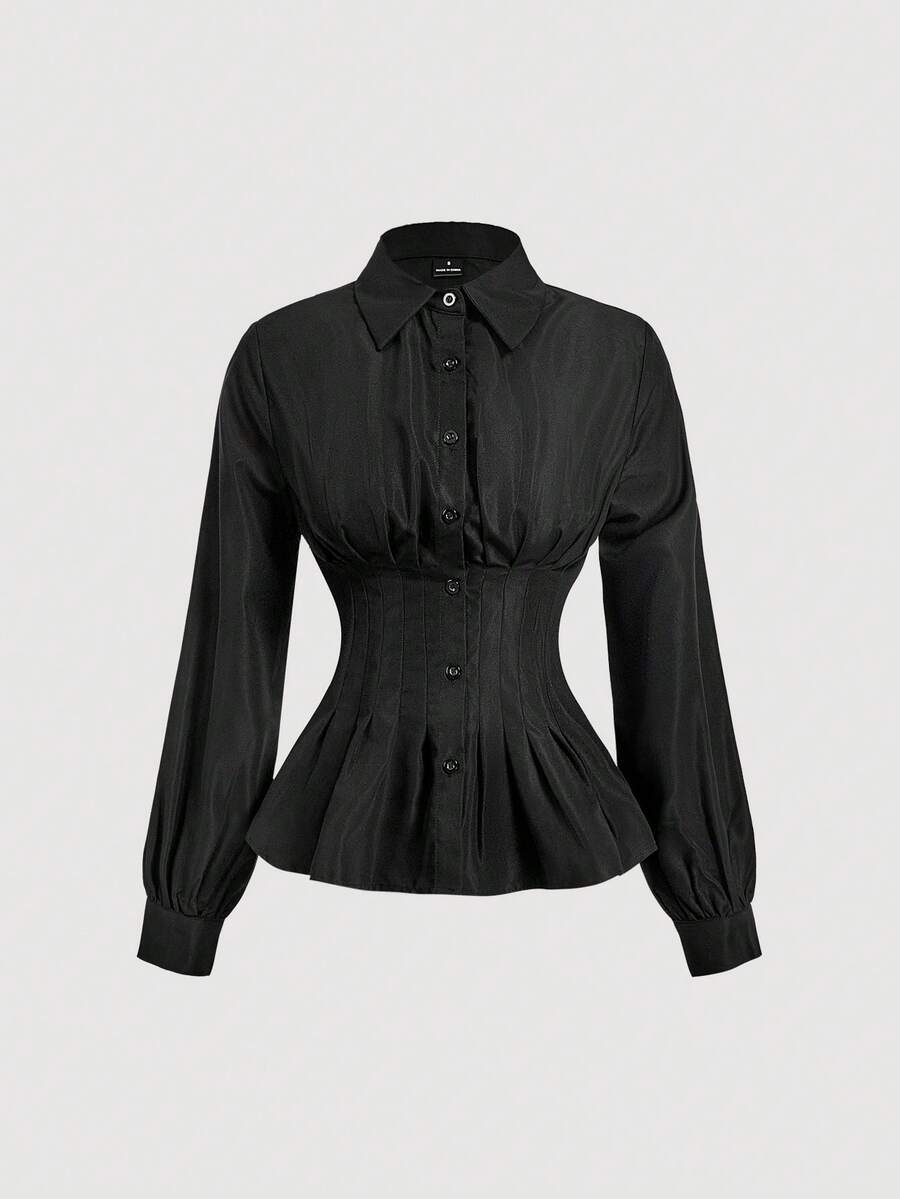SHEIN MOD Damen Einfarbiges Hemd mit plissierter Taille und Langarm - Schwarz - Übersicht 1