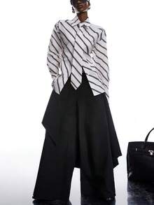 LYSMO 2025 New Arrival Minimalist Fall/Winter Women's Ultra-Wide Paded Shoulder Tie-Collar Long Sleeve Waist-Tie Shirt, Suitable For Everyday Wear, Daily Commute, Office, Siren Style, Urban Fashion Fashion Commuter Striped Tie-Waist Shirt/ Winter/Christmas/New Year /Thanksgiving - Black and White - View 8