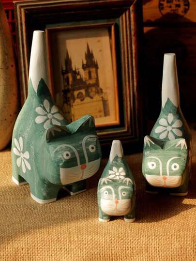 Cirelle 3pcs Painted Kitten Family Home Wooden Ornaments, Three Pieces Set Of Cat Decorations, Creative Birthday Gifts, Suitable For Decoration In The Living Room Entrance Hall