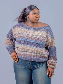 CurvyTilda Plus Size Fall Vintage Floral Print & Striped Casual Asymmetrical Neck Sweater, Autumn/Winter, Fall Sweater For Women, For Hourglass Body Shape - Multicolor - View 8