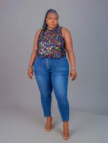 CurvyTilda Top sin mangas elegante y cómodo de talla grande para mujer, con lentejuelas brillantes y coloridas, transparente y sexy, para salir, fiestas, festivales, streetwear, con cuentas, verano europeo, conciertos