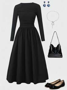 Elegant Lady Oblique Collar Long Sleeve Fitted Dress For Teen GirlAutumn/Winter