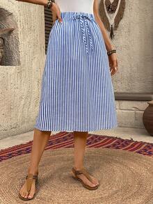 EMERY ROSE Women's Striped Drawstring Waist Casual Versatile Vacation Skirt Vacation Outfits Women - Blue and White - View 6