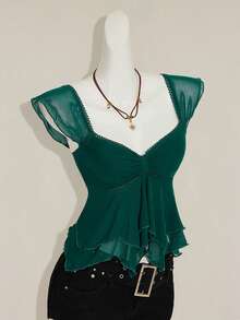 SHEIN ICON Áo tank top nữ dáng ôm, xếp ly phía trước, phối lưới, tay ngắn, hở lưng, thích hợp mặc đi nghỉ mát. - Màu xanh lá cây đậm - Xem 6