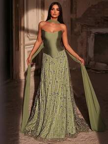 Glamrae 优雅奢华的绿色串珠亮片花卉拼接缎面可拆卸吊带雪纺长裙，适合婚礼、派对、度假、盛会、正式场合（装饰繁复） - 草綠色 - 查看 7