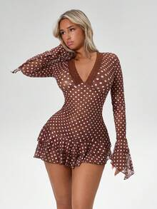 Amplova 女士蕾丝波点长袖迷你连衣裙，波西米亚风透视低胸性感连衣裙，适合秋冬季穿着 - 棕色 - 查看 14