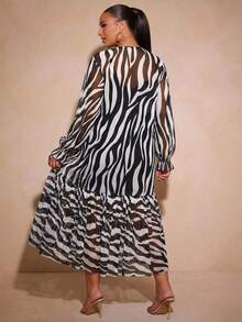 Vixey Zebra Print Ruffle Hem Sheer Mesh Balloon Sleeve Dress, Cami Dress Under Not Included - Multicolor - View 2