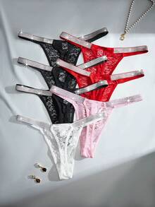 MidnightGlam 7 buc/set chiloți tanga cu panglică strălucitoare din dantelă sexy pentru femei - Multicolor - Vizualizare 2