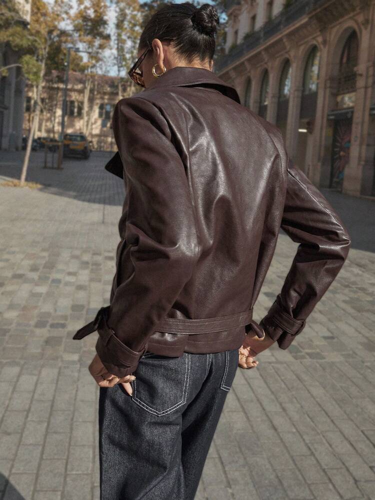 SHEIN Maija Brown Double-Breasted Lapel Leather Short Jacket, Modern Urban Style Casual Versatile Fashion Women Brown Leather Jacket Women Leather Jackets Women Coats Brown Coat Women Women Brown Jacket,Fall Women Halloween Saudi National Day Brown Party Autumn For Women Brown Jacket Women's Winter