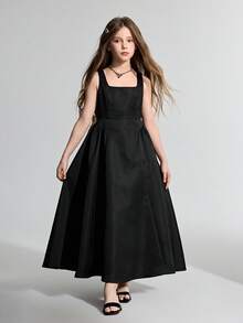 Ontre Vestido casual y elegante sin espalda con decoración de lazo para niña preadolescente - Negro - Ver 4