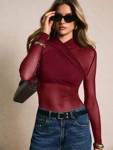 Poéselle Women's Fashionable Sexy Sheer Wrap Long Sleeve Bodysuit, Autumn