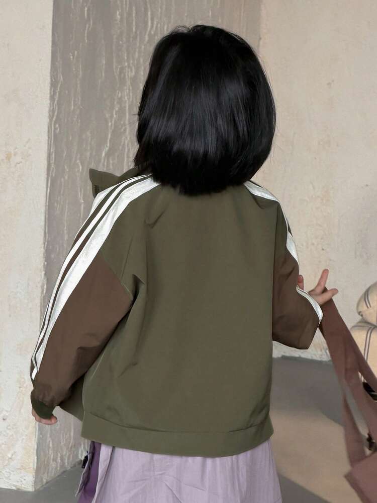 Young Girls Turndown Collar Color Block Long Sleeve Jacket, Fall Spring