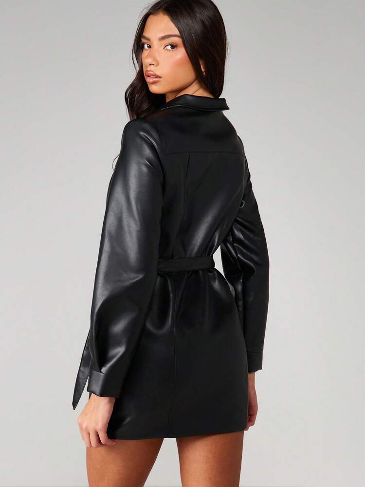 MISSGUIDED Women's Long Sleeve Faux Leather Mini Dress With Belt Button Down Collar Detail For Fall Winter Party Evening