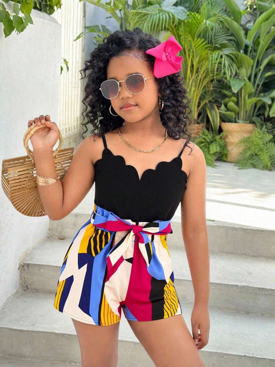 Mono de verano casual de vacaciones con estampado de parches florales para niñas preadolescentes, adecuado para el verano, las vacaciones y la playa - Multicolor - Ver 1