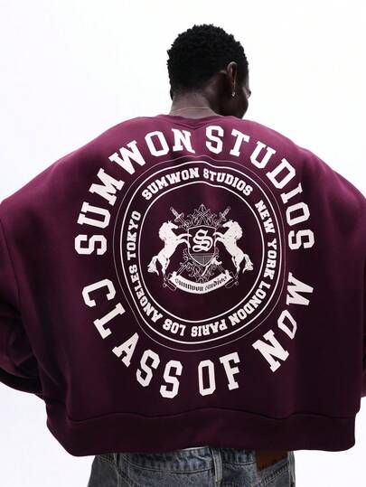 SUMWON Burgundy Crew Neck Sweatshirt With Large Circular Back Graphic And Small Front Logo Long Sleeve Pullover