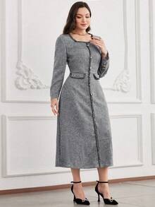 Modelyn 方领撞色缎带装饰纽扣长袖收腰大码晚礼服 - 深灰色 - 查看 4