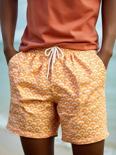 Manfinity Swimmode Men's Summer Vacation All-Over Print Drawstring Waist Slant Pocket Beach Shorts
