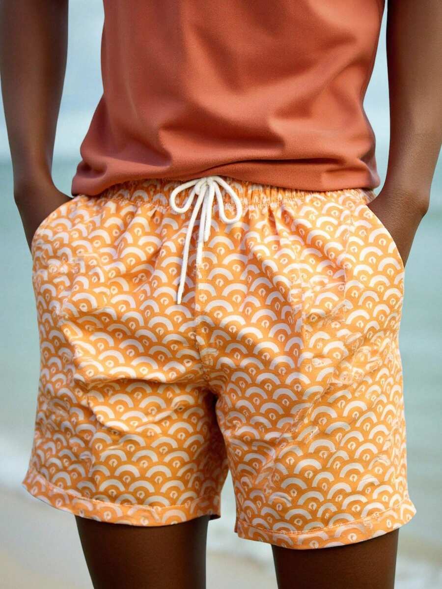 Manfinity Swimmode Men's Summer Vacation All-Over Print Drawstring Waist Slant Pocket Beach Shorts - Yellow - View 1