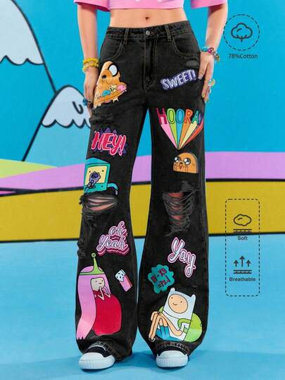 Adventure Time X ROMWE Damen Lässig Destroyed Cartoon Grafik Loose Fit Jeans