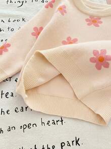 SHEIN LMoss Kids LMoss Baby Girl Floral Pattern Knitted Long Sleeve Sweater, Cute And Versatile, Autumn/Winter - Apricot - View 6