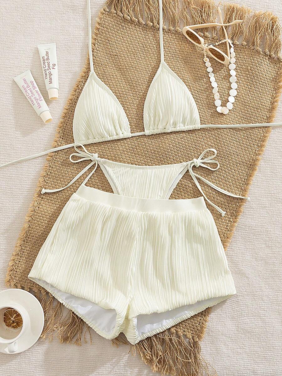 Conjunto de Bikini + Short Alto 3 Piezas Estilo Cancún - Color Crema Plisado, Traje de Baño para Playa Vacacional en México - Beis - Ver 1
