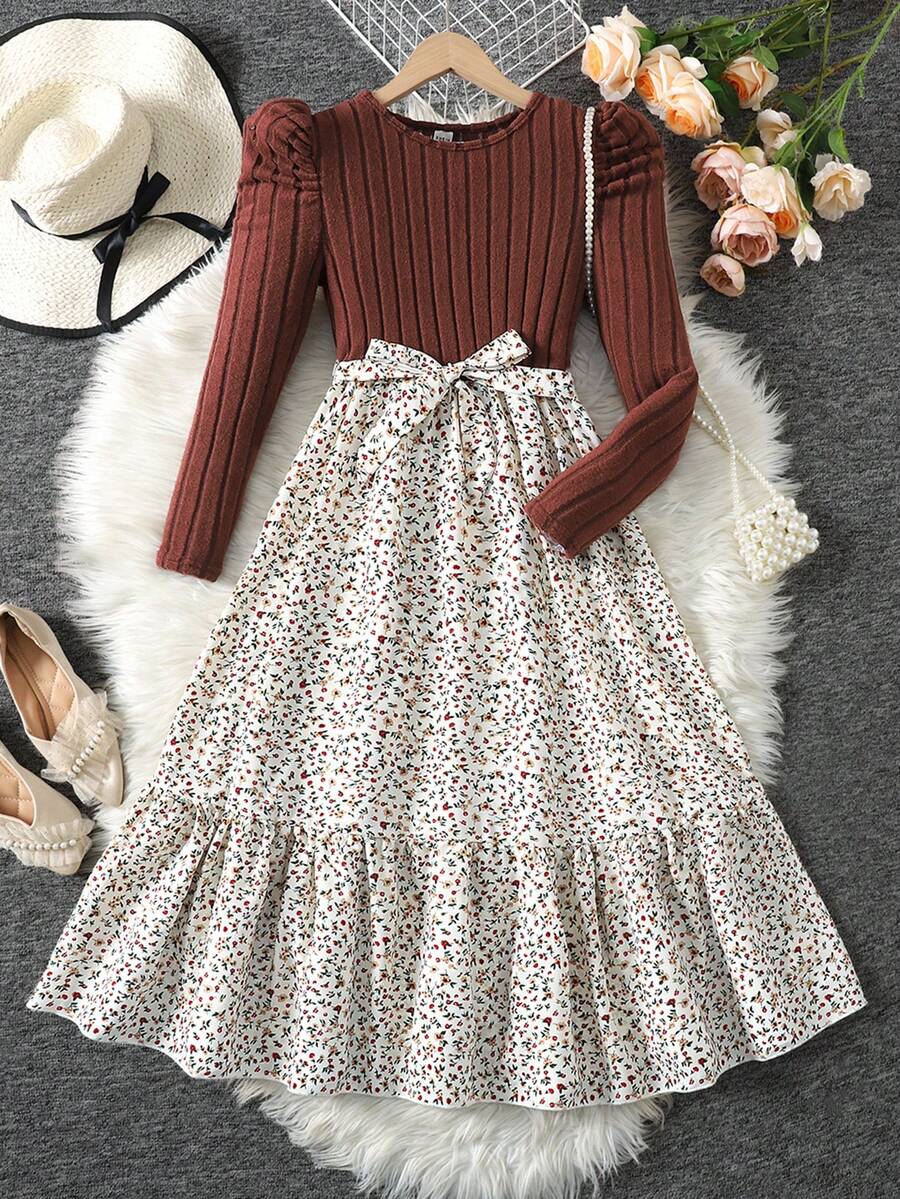 SHEIN Vestido largo de manga larga con cuello redondo, tejido, estilo boho, color marrón, con parches y estampado floral pequeño, adecuado para otoño e invierno, vestido de invierno para vacaciones, vestido de largo medio para niñas preadolescentes