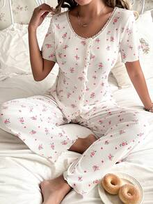 CottageSlumber Romantic Floral Frill Trim Scoop Neck Short Sleeve Pajama Set For Women - White - View 6