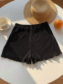 SHEIN EZwear 夏季纯色系带阔腿宽松短裤 - 黑色 - 查看 2