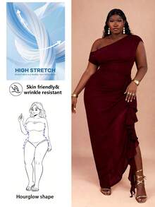 CurvyTilda Váy xòe trễ vai nhún bèo cỡ lớn, ôm sát thanh lịch, đầm dự tiệc trang trọng, thích hợp cho mùa hè, sinh nhật, ngày lễ tình nhân - Màu Đỏ Sâu - Xem 1