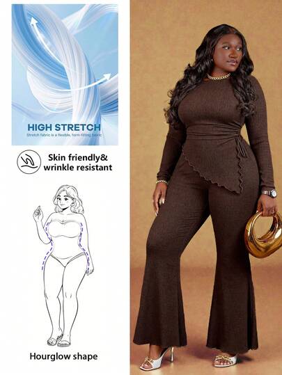 CurvyTilda 大码女式纯色圆领长袖不对称下摆 T 恤和喇叭裤休闲两件套