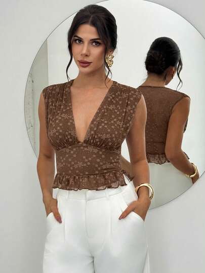 Firerie Women's Elegant Romantic Date Night Brown Lace V-Neck Sleeveless Ruffle Hem Fitted Blouse, Spring/Summer New Ladies Top, Afternoon Tea, Vacation, Graceful Top
