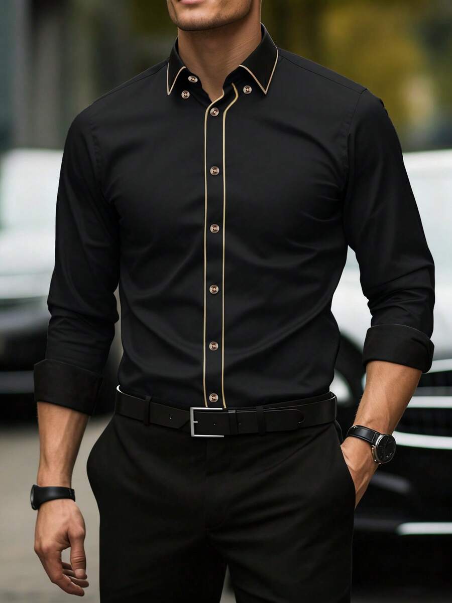 Manfinity Mode Áo sơ mi nam casual phối viền tương phản, màu đen thời trang, trang phục nam lịch lãm, áo sơ mi công sở nam màu đen và vàng, áo sơ mi nam cao cấp, phong cách quý tộc, thích hợp cho hàng ngày, những chuyến đi cuối tuần, hoạt động ngoài trời, du lịch, môi trường làm việc thoải mái hoặc các dịp bán trang trọng, quà tặng cho bạn trai/chồng, quà kỷ niệm/sinh nhật, quà Giáng sinh, năm mới, đám cưới. - màu đen - Xem 1