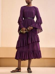 Zivah 2026 女士春夏新款，适合情人节、音乐节、复活节、西部风、游牧风、波西米亚风、纳什维尔风、婚礼、晚宴、约会、聚会等场合，圆领长袖，双层荷叶边袖，前幅褶裥，宽松A字版型，双层荷叶边下摆长裙 - 紫色 - 查看 4