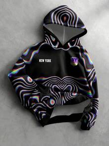 Manfinity EMRG Men's Black Autumn Streetwear Holiday Rainbow Ripple Punk Style Colorful Wave Print Pullover Sweatshirt,Visually Artistic All-Over Print Loose Fit - Black - View 4