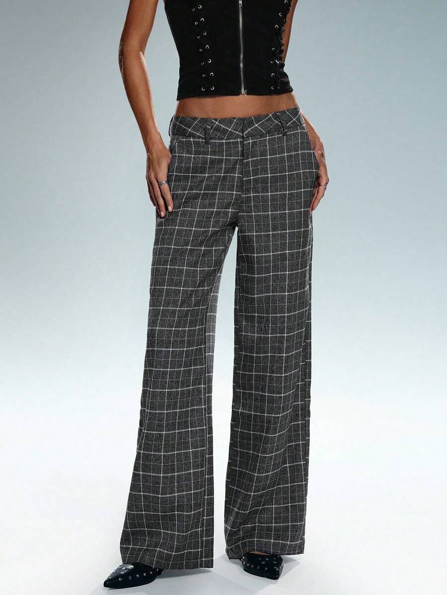 SHEIN Tall 1 Quần âu kẻ caro xám chất lượng cao cổ điển, quần ống đứng đơn giản, cạp trễ, rộng rãi - Màu xám đen - Xem 1