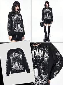 ROMWE Goth 哥特十字架和墓碑印花套头卫衣，暗黑恐怖氛围 - 黑色 - 查看 1
