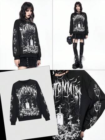 Gothic Kreuz & Grabstein Muster Pullover Sweatshirt, dunkle Horror Atmosphäre